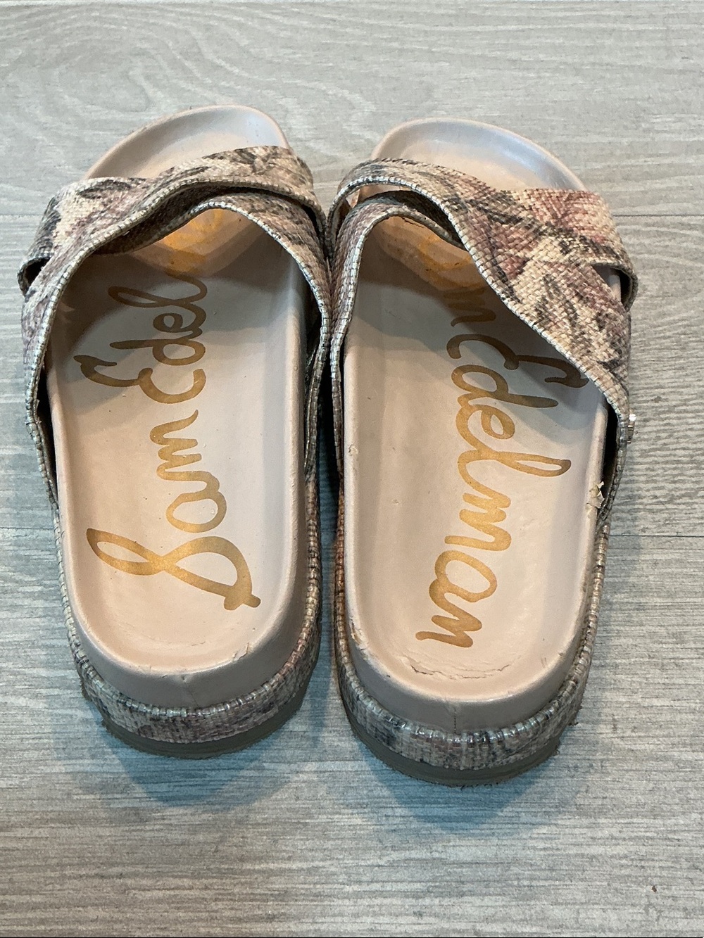 Sam Edelman Floral Neutral Crossband Slide Sandals in Beige and Blush - Picture 3 of 6